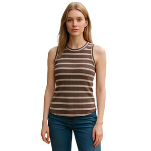 Free People Fired Up Tank Top Womens XS Tan Striped Cut Out Sleeveless Knitwear